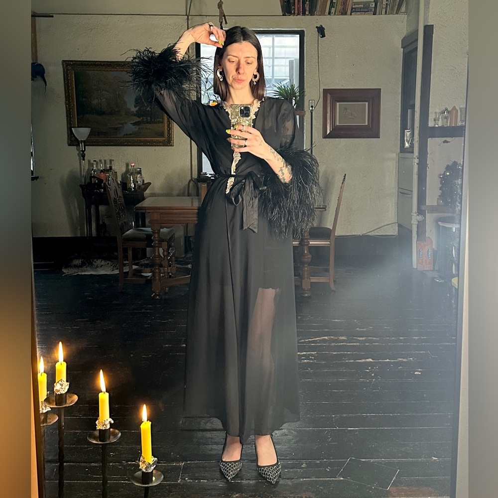 Oscar de la Renta Black Sheer Robe with ostrich Feather Trim